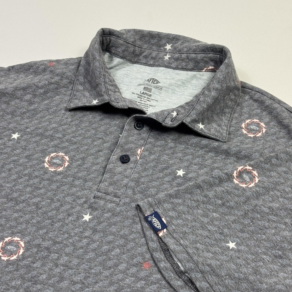 AFTCO Polo Shirt‎ Mens Large Gray Stars Laurel Wreath Print AFTECH Fishing